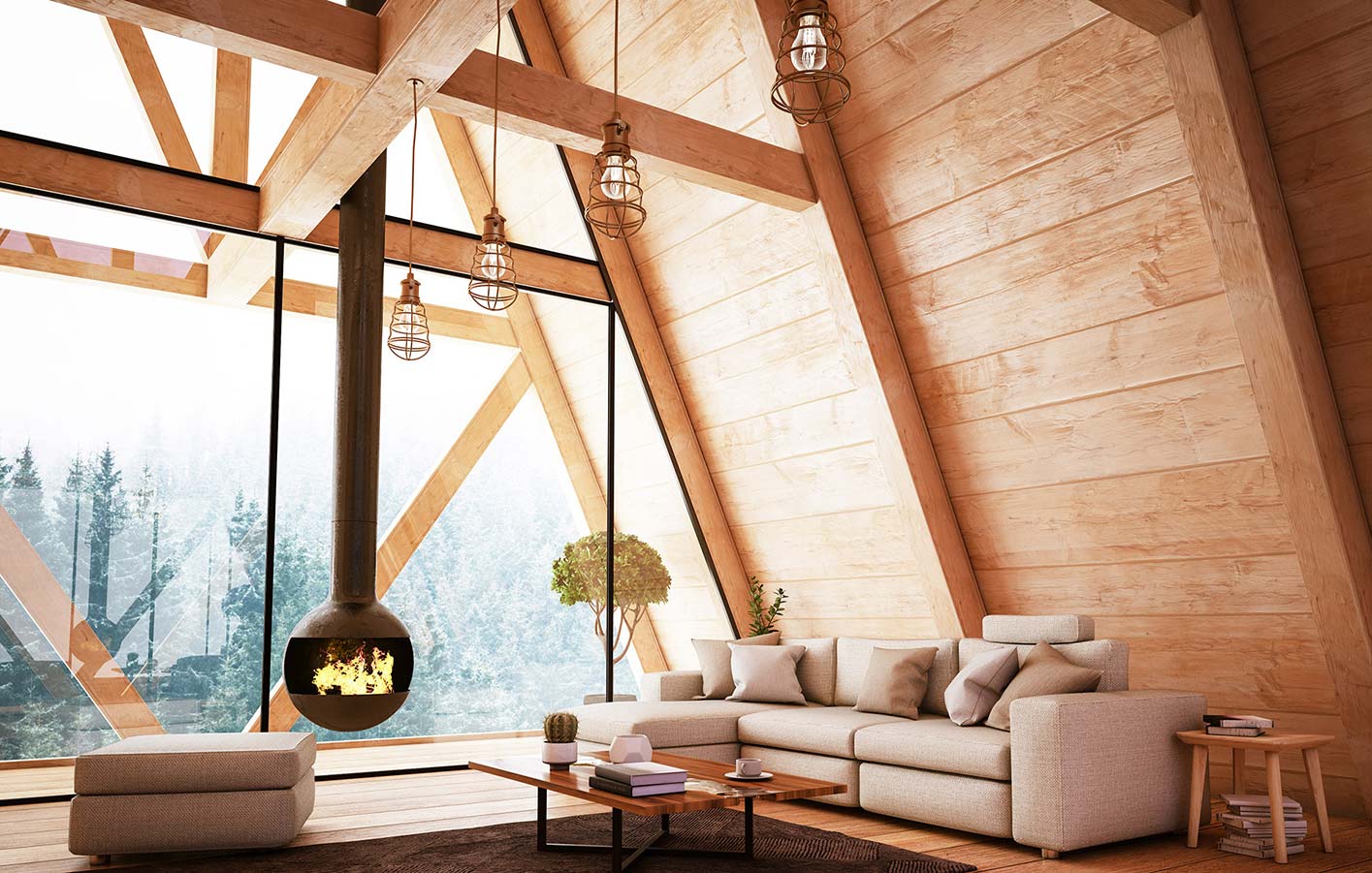 Holzdecke mit Holzbalken - modernes Loftdachgeschoss